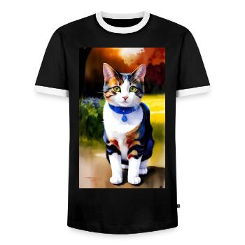 Domestic short haired cat waits for you - Men's Ringer Shirt - black/white - Front - AI Model Female 172 light (172cm) & AI Model Male 178 light (178cm)