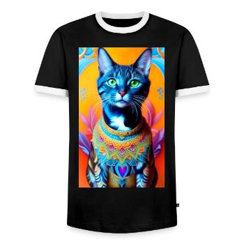 Gorgeus domestic short haired cat - Men's Ringer Shirt - black/white - Front - AI Model Female 172 light (172cm) & AI Model Male 178 light (178cm)