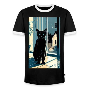 Domestic short haired cat during night - Men's Ringer Shirt - black/white - Front - AI Model Female 172 light (172cm) & AI Model Male 178 light (178cm)