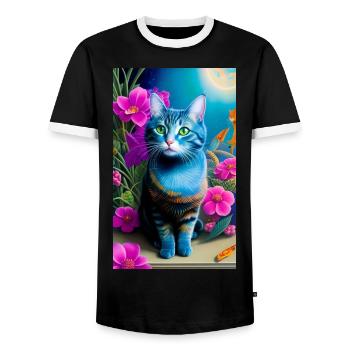 Adorable domestic short haired cat - Men's Ringer Shirt - black/white - Front - AI Model Female 172 light (172cm) & AI Model Male 178 light (178cm)