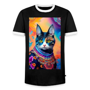 domestic short haired cat - Men's Ringer Shirt - black/white - Front - AI Model Female 172 light (172cm) & AI Model Male 178 light (178cm)