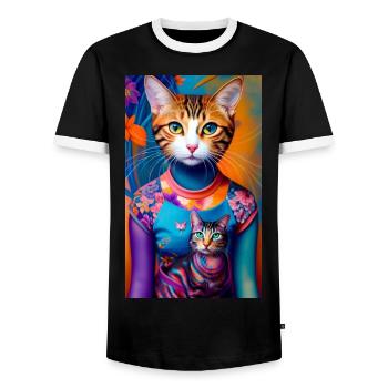 Prodigious domestic short haired cat - Men's Ringer Shirt - black/white - Front - AI Model Female 172 light (172cm) & AI Model Male 178 light (178cm)