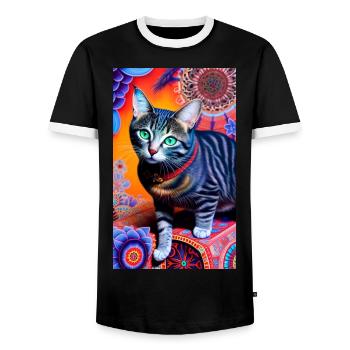 Wondrous domestic short haired cat - Men's Ringer Shirt - black/white - Front - AI Model Female 172 light (172cm) & AI Model Male 178 light (178cm)