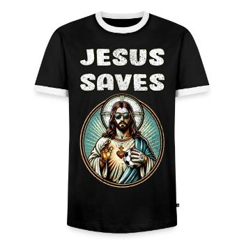 Jesus Soccer Gift Funny Soccer God Jesus Quote - Men's Ringer Shirt - black/white - Front - AI Model Female 172 light (172cm) & AI Model Male 178 light (178cm)