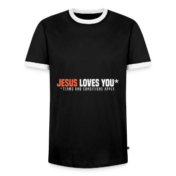 Atheism sayings | Atheists Atheist Gift Idea - Men's Ringer Shirt - black/white - Front - AI Model Female 172 light (172cm) & AI Model Male 178 light (178cm)