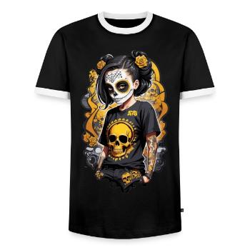 Sugar Skull Girl with Golden Skull T Shirt - Men's Ringer Shirt - black/white - Front - AI Model Female 172 light (172cm) & AI Model Male 178 light (178cm)
