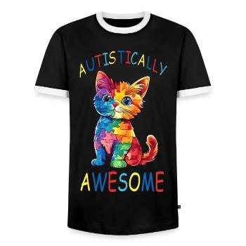 Autistically Awesome Autism Cat - Men's Ringer Shirt - black/white - Front - AI Model Female 172 light (172cm) & AI Model Male 178 light (178cm)