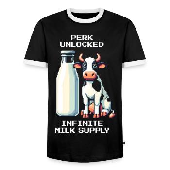 Avantage : Lait infini | Vache & Mama Humour - T-shirt contrasté Homme - noir/blanc - Devant - AI Model Female 172 light (172cm) & AI Model Male 178 light (178cm)