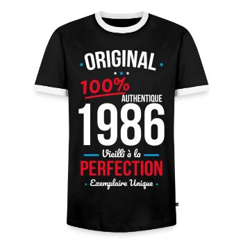 1986 – Original – Exemplaire unique - T-shirt contrasté Homme - noir/blanc - Devant - AI Model Female 172 light (172cm) & AI Model Male 178 light (178cm)