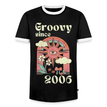 Groovy since 2006 with retro graphics - Men's Ringer Shirt - black/white - Front - AI Model Female 172 light (172cm) & AI Model Male 178 light (178cm)