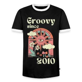 Groovy since 2010 with retro graphics - Men's Ringer Shirt - black/white - Front - AI Model Female 172 light (172cm) & AI Model Male 178 light (178cm)