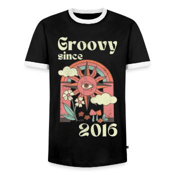 Groovy since 2016 with retro graphics - Men's Ringer Shirt - black/white - Front - AI Model Female 172 light (172cm) & AI Model Male 178 light (178cm)