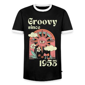 Groovy since 1953 with retro graphics - Men's Ringer Shirt - black/white - Front - AI Model Female 172 light (172cm) & AI Model Male 178 light (178cm)