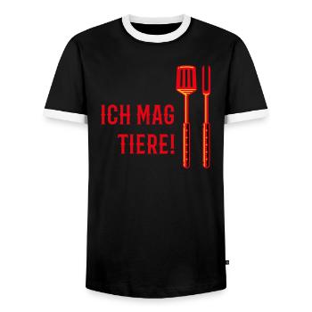Ich Mag Tiere! (Grillbesteck / 3C) - Männer Kontrast-T-Shirt - Schwarz/Weiß - Vorne - AI Model Female 172 light (172cm) & AI Model Male 178 light (178cm)