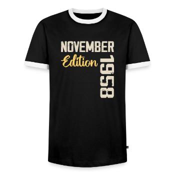 Geboren im November 1958 - Ausgabe 1958 - Männer Kontrast-T-Shirt - Schwarz/Weiß - Vorne - AI Model Female 172 light (172cm) & AI Model Male 178 light (178cm)