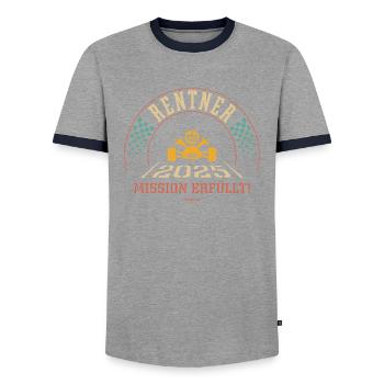 Rentner 2025 – Mission Erfüllt (Ruhestand / 4C) - Männer Kontrast-T-Shirt - Grau/Navy  - Vorne - AI Model Female 172 light (172cm) & AI Model Male 178 light (178cm)