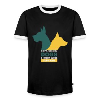 Don't judge my dogs and I won't judge your kids - Männer Kontrast-T-Shirt - Schwarz/Weiß - Vorne - AI Model Female 172 light (172cm) & AI Model Male 178 light (178cm)