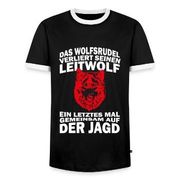 JGA Shirt Das Wolfsrudel verliert seinen Leitwolf - Männer Kontrast-T-Shirt - Schwarz/Weiß - Vorne - AI Model Female 172 light (172cm) & AI Model Male 178 light (178cm)