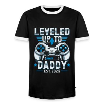 Promoted to dad in 2025 - Men's Ringer Shirt - black/white - Front - AI Model Female 172 light (172cm) & AI Model Male 178 light (178cm)