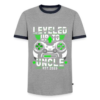 Ascended to Uncle 2025 - Men's Ringer Shirt - grey/navy  - Front - AI Model Female 172 light (172cm) & AI Model Male 178 light (178cm)