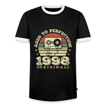 Original Vintage Anniversary Gift Idea 1998 - Men's Ringer Shirt - black/white - Front - AI Model Female 172 light (172cm) & AI Model Male 178 light (178cm)