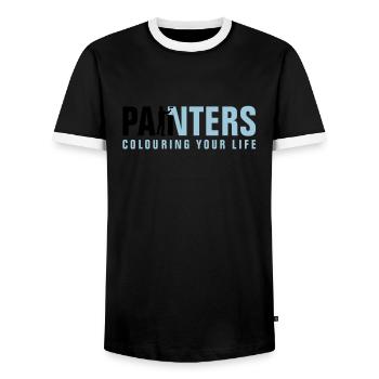 painters_062012_a_2c - Men's Ringer Shirt - black/white - Front - AI Model Female 172 light (172cm) & AI Model Male 178 light (178cm)