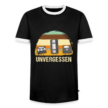 UNFORGETTABLE NEVER FORGET Retro Design Cassette - Men's Ringer Shirt - black/white - Front - AI Model Female 172 light (172cm) & AI Model Male 178 light (178cm)