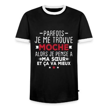 Parfois je me trouve moche alors je pense à sœur - T-shirt contrasté Homme - noir/blanc - Devant - AI Model Female 172 light (172cm) & AI Model Male 178 light (178cm)