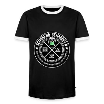 Schonend behandeln Unikat ist 40 | Farben änderbar - Männer Kontrast-T-Shirt - Schwarz/Weiß - Vorne - AI Model Female 172 light (172cm) & AI Model Male 178 light (178cm)