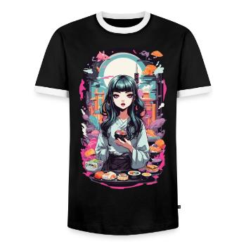 Anime e-Girl Sushi Goth Pastel Streetwear - T-shirt contrasté Homme - noir/blanc - Devant - AI Model Female 172 light (172cm) & AI Model Male 178 light (178cm)