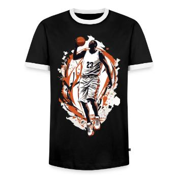 Dynamischer Basketball Freiwurf Basketballspieler - Männer Kontrast-T-Shirt - Schwarz/Weiß - Vorne - AI Model Female 172 light (172cm) & AI Model Male 178 light (178cm)