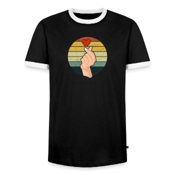 Vintage Saranghae Hand Finger Heart Retro K-Pop - Men's Ringer Shirt - black/white - Front - AI Model Female 172 light (172cm) & AI Model Male 178 light (178cm)