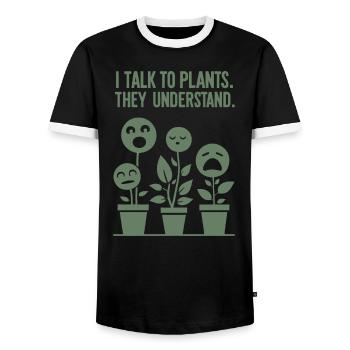 Pflanzenversteher: Kommunikation mit Grün - Männer Kontrast-T-Shirt - Schwarz/Weiß - Vorne - AI Model Female 172 light (172cm) & AI Model Male 178 light (178cm)
