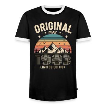 May 1983 – Legend of the Peaks and Mountains - Men's Ringer Shirt - black/white - Front - AI Model Female 172 light (172cm) & AI Model Male 178 light (178cm)