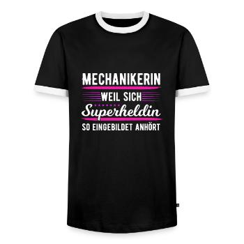 Mechanikerin Superheldin Schrauberin KFZ Werkstatt - Männer Kontrast-T-Shirt - Schwarz/Weiß - Vorne - AI Model Female 172 light (172cm) & AI Model Male 178 light (178cm)