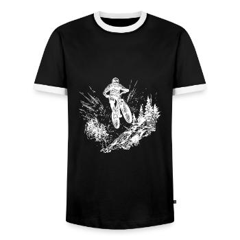 Mountain bikers with bike up the mountain - Men's Ringer Shirt - black/white - Front - AI Model Female 172 light (172cm) & AI Model Male 178 light (178cm)