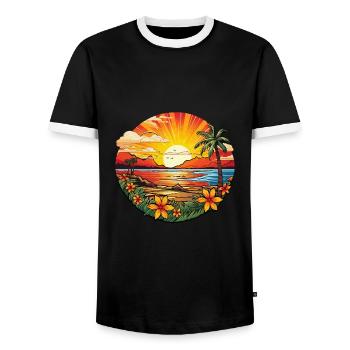 Magical beach by the sea with palm trees and flowers - Men's Ringer Shirt - black/white - Front - AI Model Female 172 light (172cm) & AI Model Male 178 light (178cm)