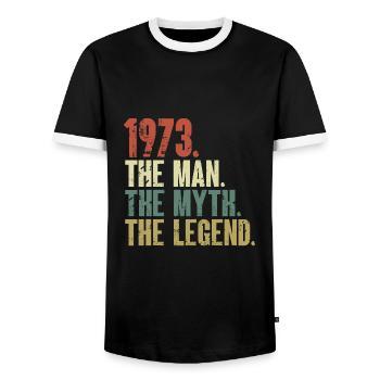 Né en 1973, l’homme, le mythe, la légende - T-shirt contrasté Homme - noir/blanc - Devant - AI Model Female 172 light (172cm) & AI Model Male 178 light (178cm)
