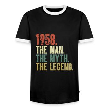 Born in 1958, the man, the myth, the legend - Men's Ringer Shirt - black/white - Front - AI Model Female 172 light (172cm) & AI Model Male 178 light (178cm)
