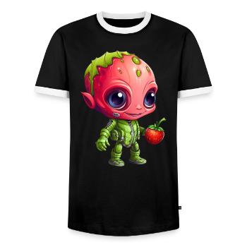 Strawberry Alien: Green & Red in Interaction - Men's Ringer Shirt - black/white - Front - AI Model Female 172 light (172cm) & AI Model Male 178 light (178cm)