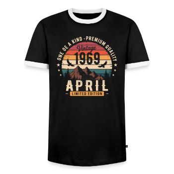 Millésime Anniversaire Avril 1969 April 1969 - T-shirt contrasté Homme - noir/blanc - Devant - AI Model Female 172 light (172cm) & AI Model Male 178 light (178cm)
