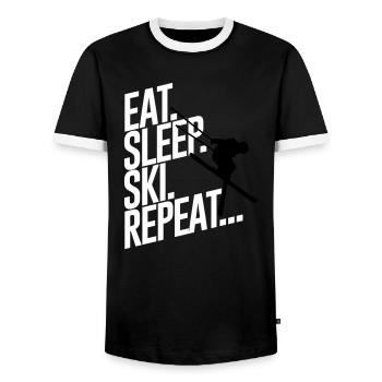Eat sleep Ski repeat - Skiing-Urlaub-Winter-Schnee - Men's Ringer Shirt - black/white - Front - AI Model Female 172 light (172cm) & AI Model Male 178 light (178cm)
