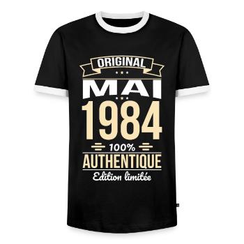 40-jähriges Jubiläum - Original - Mai 1984 - Männer Kontrast-T-Shirt - Schwarz/Weiß - Vorne - AI Model Female 172 light (172cm) & AI Model Male 178 light (178cm)