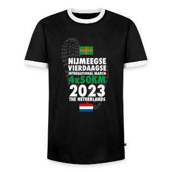 2023 Nijmegen Four Days Marches 4 x 50 km - Men's Ringer Shirt - black/white - Front - AI Model Female 172 light (172cm) & AI Model Male 178 light (178cm)