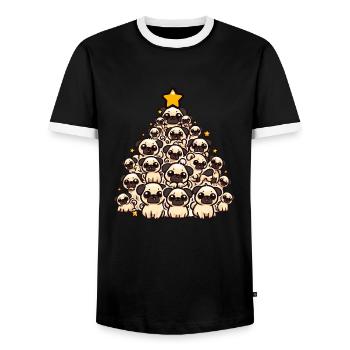 Festive Pug: A Dog Under the Christmas Tree - Men's Ringer Shirt - black/white - Front - AI Model Female 172 light (172cm) & AI Model Male 178 light (178cm)
