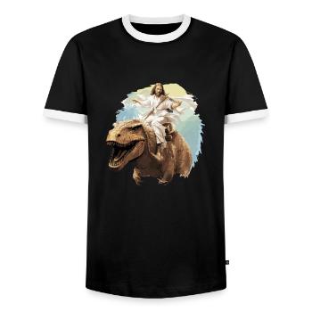 Cool Jesus Rides Dinosaur Funnier - Men's Ringer Shirt - black/white - Front - AI Model Female 172 light (172cm) & AI Model Male 178 light (178cm)