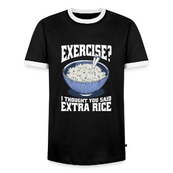 Exercise I thought they said extra rice funny - Men's Ringer Shirt - black/white - Front - AI Model Female 172 light (172cm) & AI Model Male 178 light (178cm)