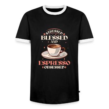 Stressed Espresso Obsessed - Coffee Lover - Men's Ringer Shirt - black/white - Front - AI Model Female 172 light (172cm) & AI Model Male 178 light (178cm)