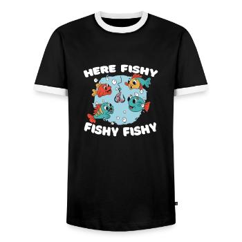 Here Fishy Fishy Lustiger Angler Spruch - Men's Ringer Shirt - black/white - Front - AI Model Female 172 light (172cm) & AI Model Male 178 light (178cm)
