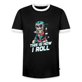 How I Roll : Squelette de patineur sur trottinette - T-shirt contrasté Homme - noir/blanc - Devant - AI Model Female 172 light (172cm) & AI Model Male 178 light (178cm)